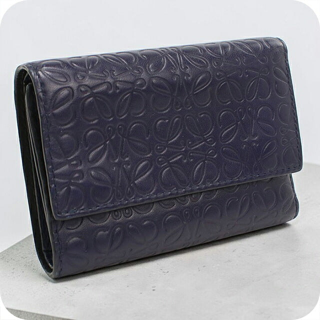 中古 ロエベ 三つ折り財布 三折財布 コンパクト レディース ブランド LOEWE リピートアナグラム バーティカルコンパクトウォレット ネイビー USDLO114798011