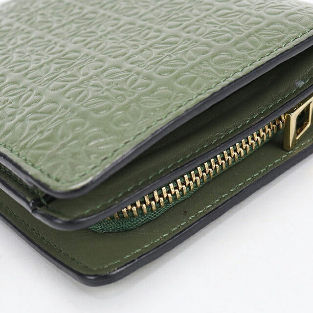 【LOEWE】 エンボス加工 グリーン二つ折り財布 中古 ロエベ 二つ折り財布 二折財布 コンパクト レディース ブランド