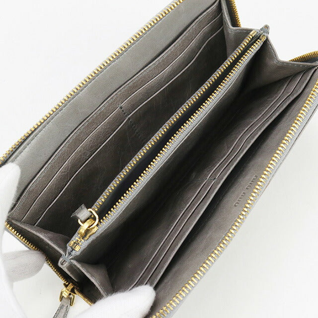 中古 ミュウミュウ 長財布ラウンドファスナー レディース ブランド MIUMIU ジップアラウンド レザー 5M0506 グレー 財布 USDMI100400011