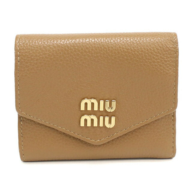 二手 Miu Miu 三折钱包女式品牌 MIUMIU Vitello Dino 皮革折叠钱包带翻盖 5MH043 2DT7 F030E 棕色 USDMI105999011