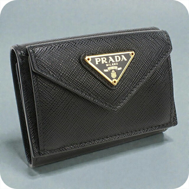 中古 プラダ 三折財布小銭入付き レディース ブランド PRADA サフィアーノトライアングル財布 1BH021 QHH F0002 ブラック 財布 USDPR102420011
