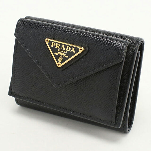 中古 プラダ 三折財布小銭入付き レディース ブランド PRADA サフィアーノトライアングル財布 1BH021 QHH F0002 ブラック 財布 USDPR102420011