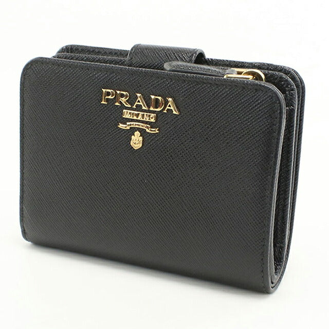 極美品プラダ　サフィアーノレザー 極美品 PRADA 三つ折り財布 サフィアーノ レザー ブラック 黒 三角ロゴ