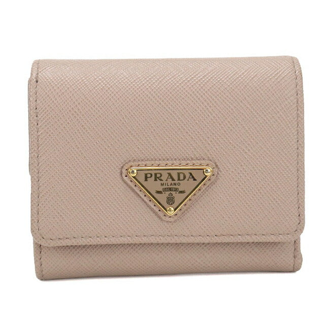 中古 プラダ 三つ折り財布 三折財布 レディース ブランド PRADA サフィアーノトライアングル 財布 レザー 1MH043 ベージュ USDPR112931011