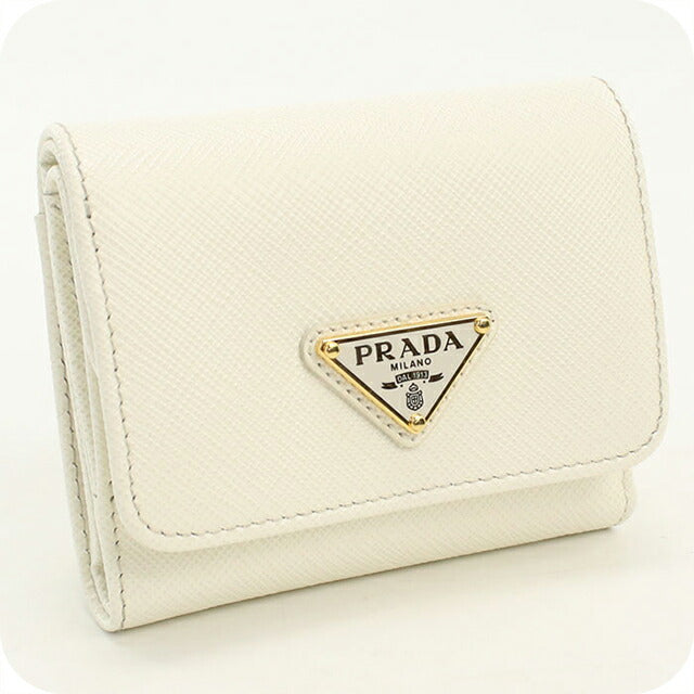 中古 プラダ 三つ折り財布 三折財布 レディース ブランド PRADA サフィアーノトライアングル 財布 レザー 1MH043 QHH F0009 ホワイト USDPR113378011