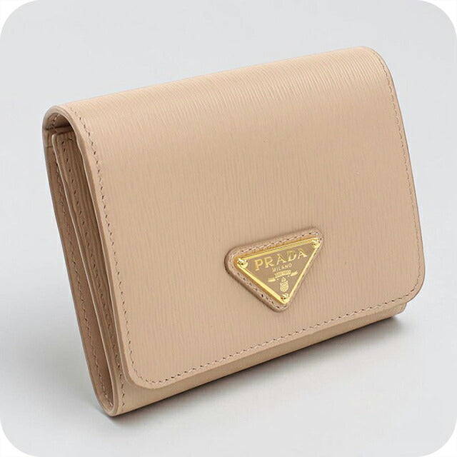 中古 プラダ 三つ折り財布 三折財布 コンパクト レディース ブランド PRADA トライアングルロゴ  1MH176 ベージュ USDPR117653011