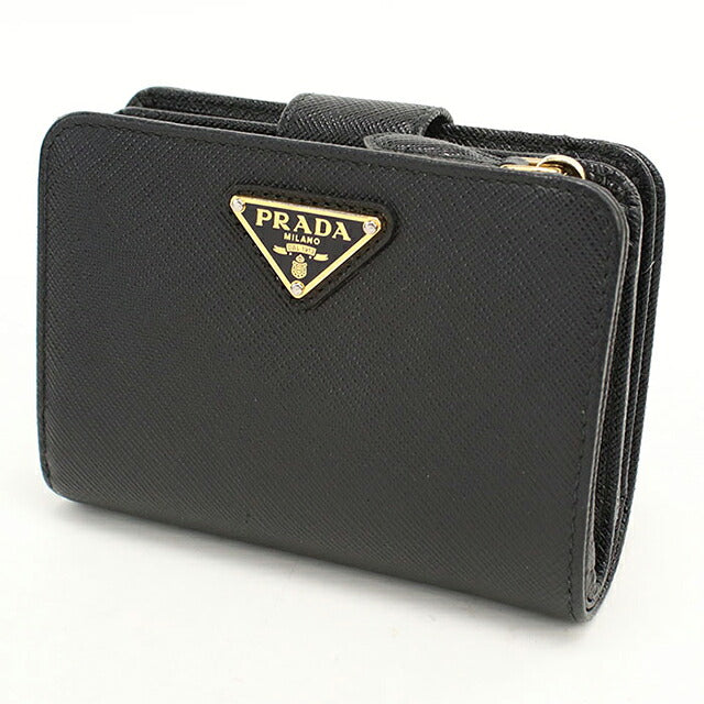 中古 プラダ 二つ折り財布 二折財布 コンパクト レディース ブランド PRADA  サフィアーノトライアングル レザー 1ML018 ブラック USDPR119020011