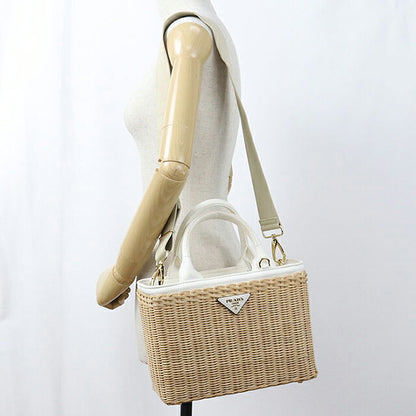 中古 プラダ カゴバッグ レディース ブランド PRADA ミディアム ウィッカー キャンバス トートバッグ 2WAY 1BG835 2E28 F0N86 ベージュ USDPR119389011
