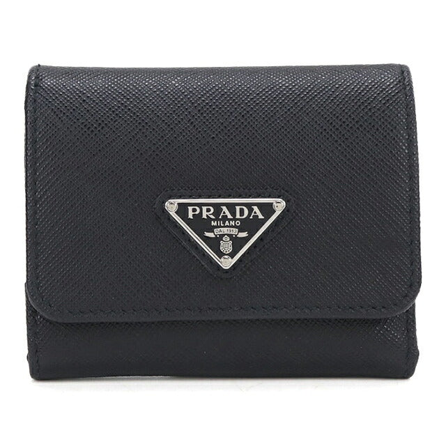 中古 プラダ 三つ折り財布 三折財布 コンパクト レディース ブランド PRADA  サフィアーノトライアングル レザー 1MH043 QHH F0632 ブラック USDPR119419011