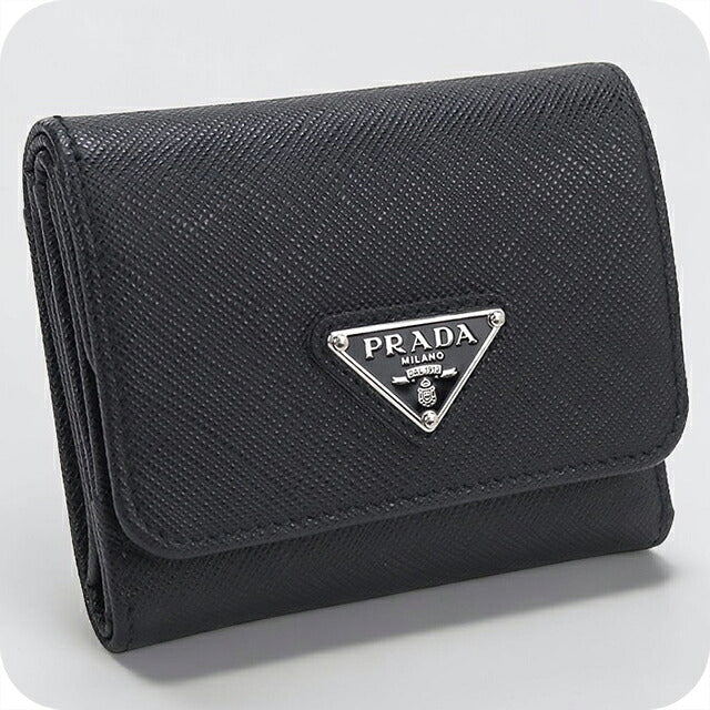 中古 プラダ 三つ折り財布 三折財布 コンパクト レディース ブランド PRADA  サフィアーノトライアングル レザー 1MH043 QHH F0632 ブラック USDPR119419011