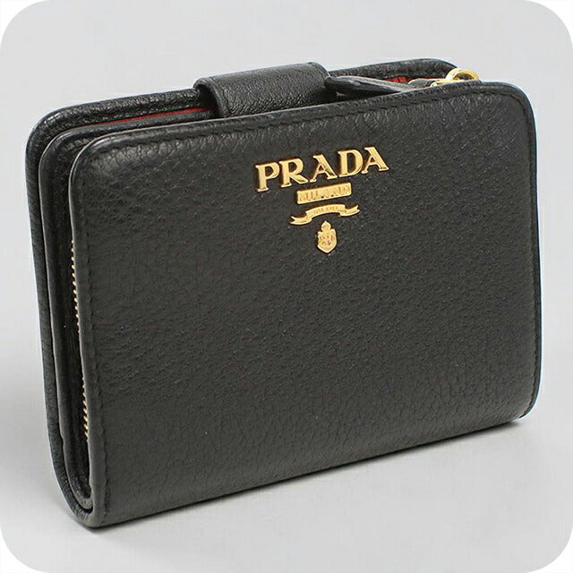 中古 プラダ 二つ折り財布 二折財布 コンパクト レディース ブランド PRADA ダイノ カラー  レザー 1ML018 ブラック USDPR119904011