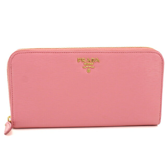 Used Prada long wallet round zipper ladies brand PRADA Vitellomove leather 1ML506 pink USDPR120581011