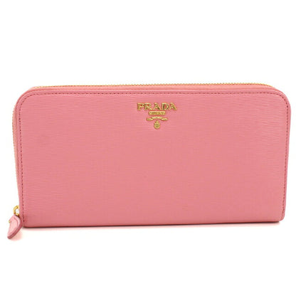 Used Prada long wallet round zipper ladies brand PRADA Vitellomove leather 1ML506 pink USDPR120581011