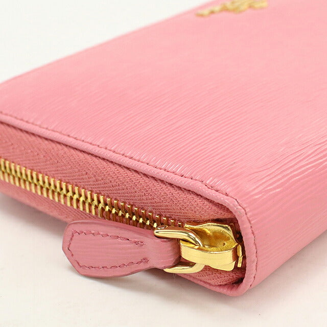 Used Prada long wallet round zipper ladies brand PRADA Vitellomove leather 1ML506 pink USDPR120581011