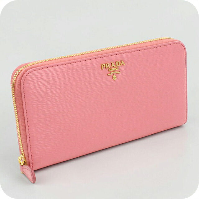 Used Prada long wallet round zipper ladies brand PRADA Vitellomove leather 1ML506 pink USDPR120581011