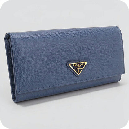 二手 Prada 长钱包双折女士品牌 PRADA Saffiano 三角皮革 1MH132 蓝色 USDPR121141011