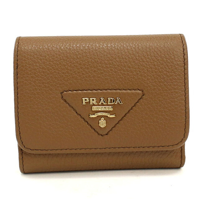 二手普拉达三折钱包 三折钱包紧凑女士品牌 PRADA Vitello Dino 皮革迷你钱包棕色 USDPR121306011