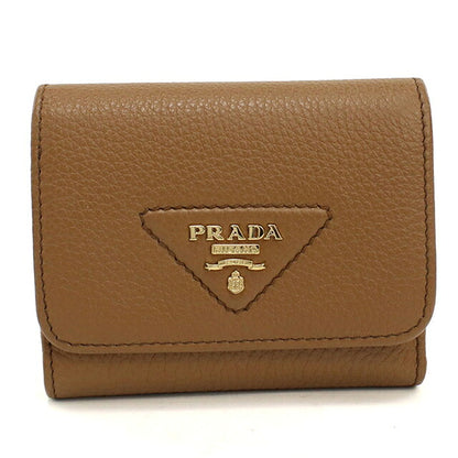 二手普拉达三折钱包 三折钱包紧凑女士品牌 PRADA Vitello Dino 皮革迷你钱包棕色 USDPR121306011