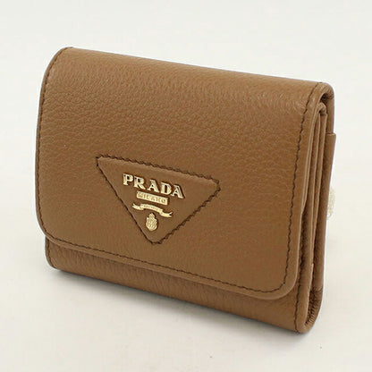 二手普拉达三折钱包 三折钱包紧凑女士品牌 PRADA Vitello Dino 皮革迷你钱包棕色 USDPR121306011