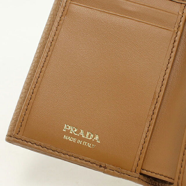 二手普拉达三折钱包 三折钱包紧凑女士品牌 PRADA Vitello Dino 皮革迷你钱包棕色 USDPR121306011