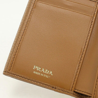 二手普拉达三折钱包 三折钱包紧凑女士品牌 PRADA Vitello Dino 皮革迷你钱包棕色 USDPR121306011