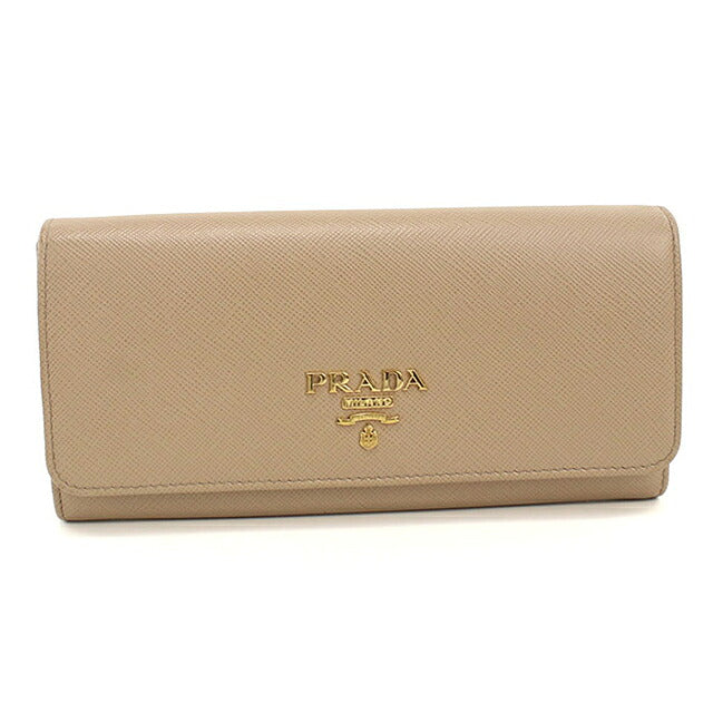 ✨美品✨ プラダ 二つ折り財布 メタルロゴ サフィアーノ レザー ベージュ 中古 プラダ 長財布二折 レディース ブランド PRADA サフィアーノ