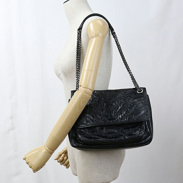 サンローラン ニキ 498894 Yves Saint Laurent Black Quilted Crinkle Leather Medium Niki Bag