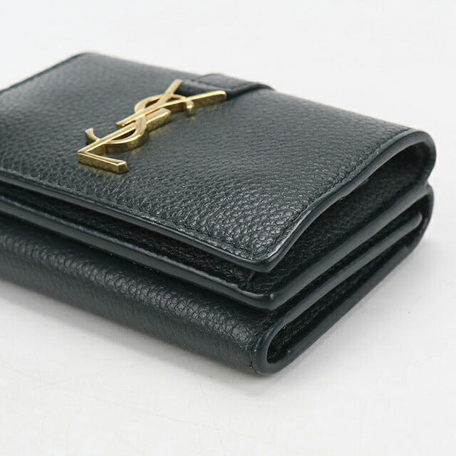 SAINT LAURENT 三つ折り財布 YSLロゴ タイニーウォレット 黒緑 中古 サンローラン 三つ折り財布 三折財布 レディース ブランド SAINT