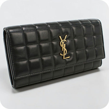 中古 サンローラン 長財布二折 レディース ブランド SAINT LAURENT ラージ フラップウォレット 801688 ブラック USDSL114696011