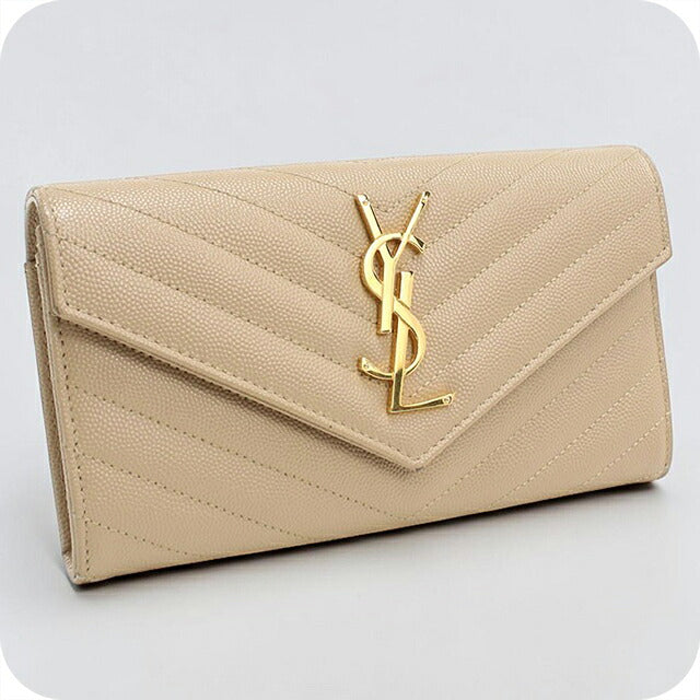 中古 サンローラン 長財布二折 レディース ブランド SAINT LAURENT カサンドラ ラージ フラップウォレット レザー 372264 ベージュ USDSL116741011