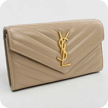 中古 サンローラン 長財布二折 レディース ブランド SAINT LAURENT カサンドラ ラージ フラップウォレット 372264 ベージュ USDSL116909011