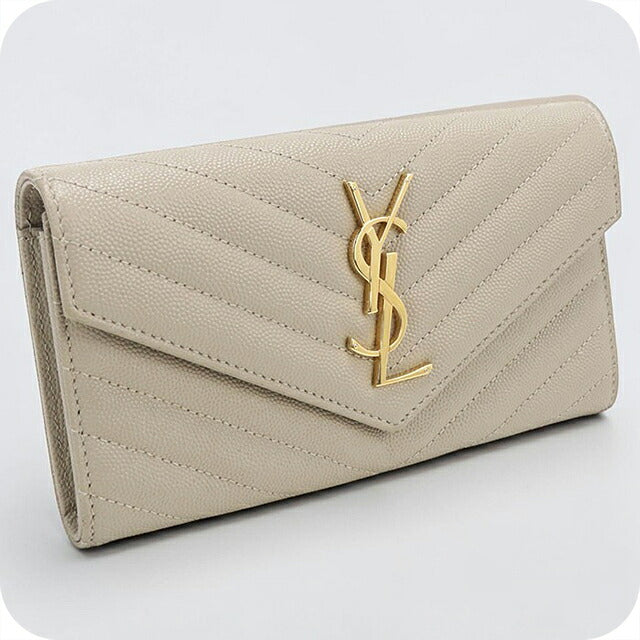中古 サンローラン 長財布二折 レディース ブランド SAINT LAURENT カサンドラ マトラッセ ラージ フラップウォレット 372264 BOW01 2721 ベージュ USDSL119424011