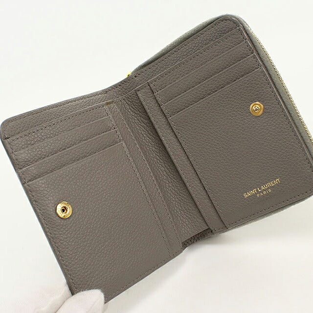 中古 サンローラン 二つ折り財布 二折財布 コンパクト レディース ブランド SAINT LAURENT YSLライン ラージジップウォレット 670285 グレー USDSL119608011