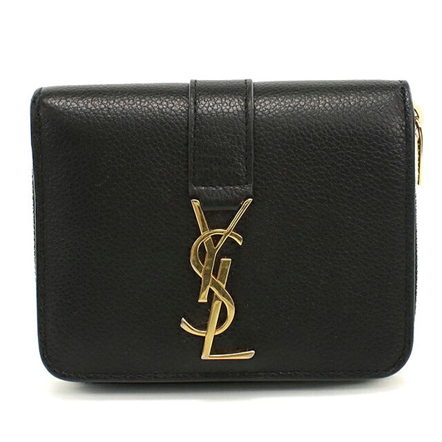 中古 サンローラン 二つ折り財布 二折財布 コンパクト レディース ブランド SAINT LAURENT YSLライン ラージジップウォレット 670285 ブラック USDSL119753011