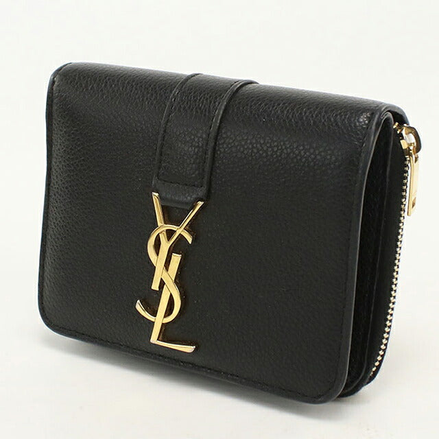 中古 サンローラン 二つ折り財布 二折財布 コンパクト レディース ブランド SAINT LAURENT YSLライン ラージジップウォレット 670285 ブラック USDSL119753011