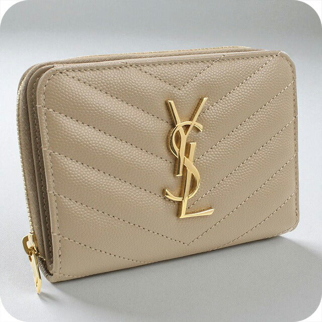 中古 サンローラン 二折財布 レディース ブランド SAINT LAURENT カサンドラ コンパクトジップウォレット レザー 403723 ベージュ 財布 USDSL97872011