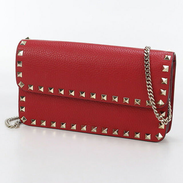 中古 ヴァレンティノ チェーンウォレット レディース ブランド VALENTINO ロックスタッズ レッド 財布 USDVA100072011
