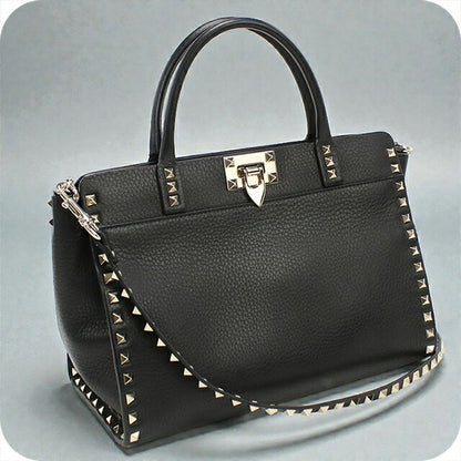 中古 ヴァレンティノ トートバッグ レディース ブランド VALENTINO ロックスタッズ 2WAY レザー ブラック バッグ USDVA102121011