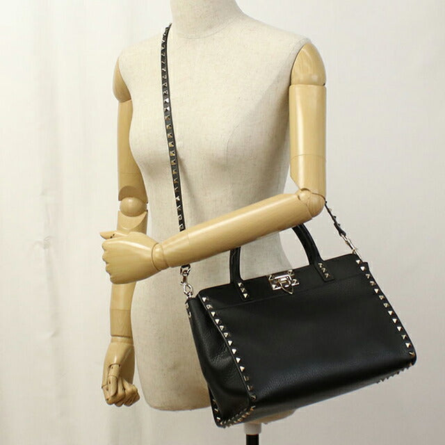 中古 ヴァレンティノ トートバッグ レディース ブランド VALENTINO ロックスタッズ 2WAY レザー ブラック バッグ USDVA102121011