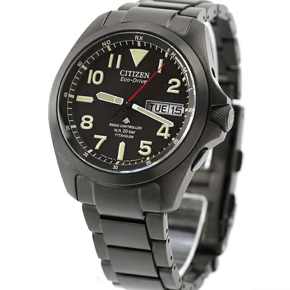 中古 美品 シチズン CITIZEN プロマスター ランド エコドライブ電波 デイデイト ブラックチタン AT6085-50E アナログ 腕時計 メンズ UW-CT-PM-00027
