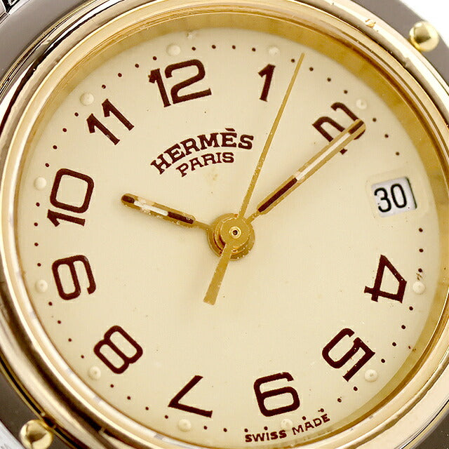 中古 仕上げ済 美品 エルメス HERMES クリッパー コンビ CL4.220 アナログ 腕時計 ブランド レディース シルバー/ゴールド 白 UW-HR-CP-00001