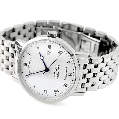 中古 超美品 エポス EPOS オリジナーレ 3針デイト シンプル スイス製自動巻き ETA 3387RSLM アナログ 腕時計 ブランド メンズ ホワイト UW-OTH-00060