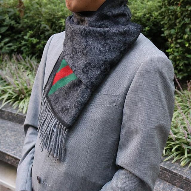 GUCCI グッチ GG柄 ウールマフラー グレー