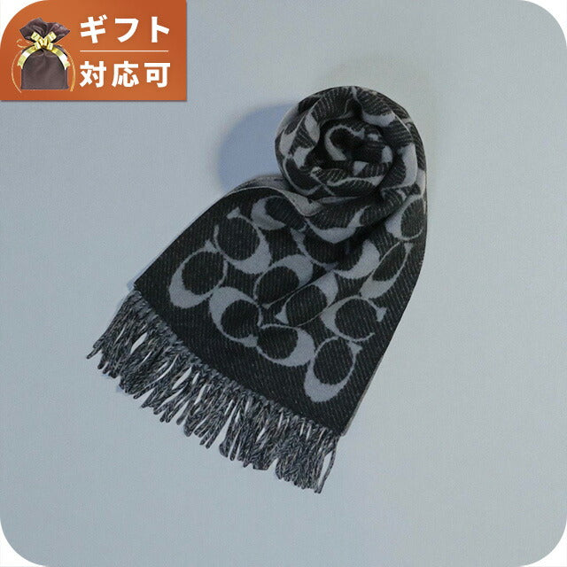 COACH ロゴパターン マフラー ブラック/グレー コーチ カシミヤ混 ロゴマフラー送料無料 キャップ、マフラ- ポロ、T