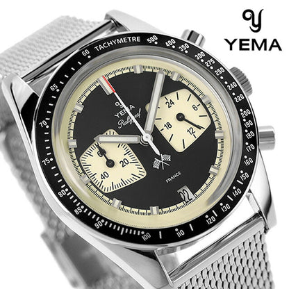 イエマ ラリーグラフ リバースパンダ クオーツ 腕時計 ブランド メンズ クロノグラフ YEMA YMHF1580-AM アナログ ブラック クリームイエロー 黒 フランス製 YMHF1580-AM