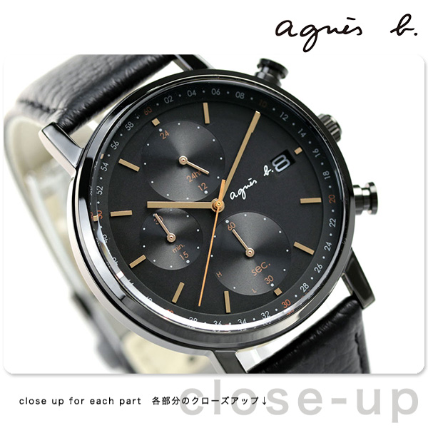 アニエスベー クロノグラフ ソーラー メンズ 腕時計 FBRD935 agnes b. オールブラック 黒 革ベルト